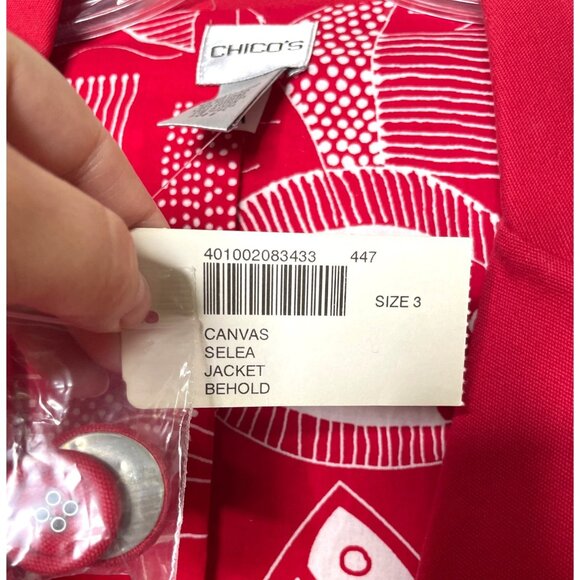 NWT Chicos Red Canvas Blazer Jacket Women’s Size 3/XL Fun Fish Print Lining - Picture 7 of 7